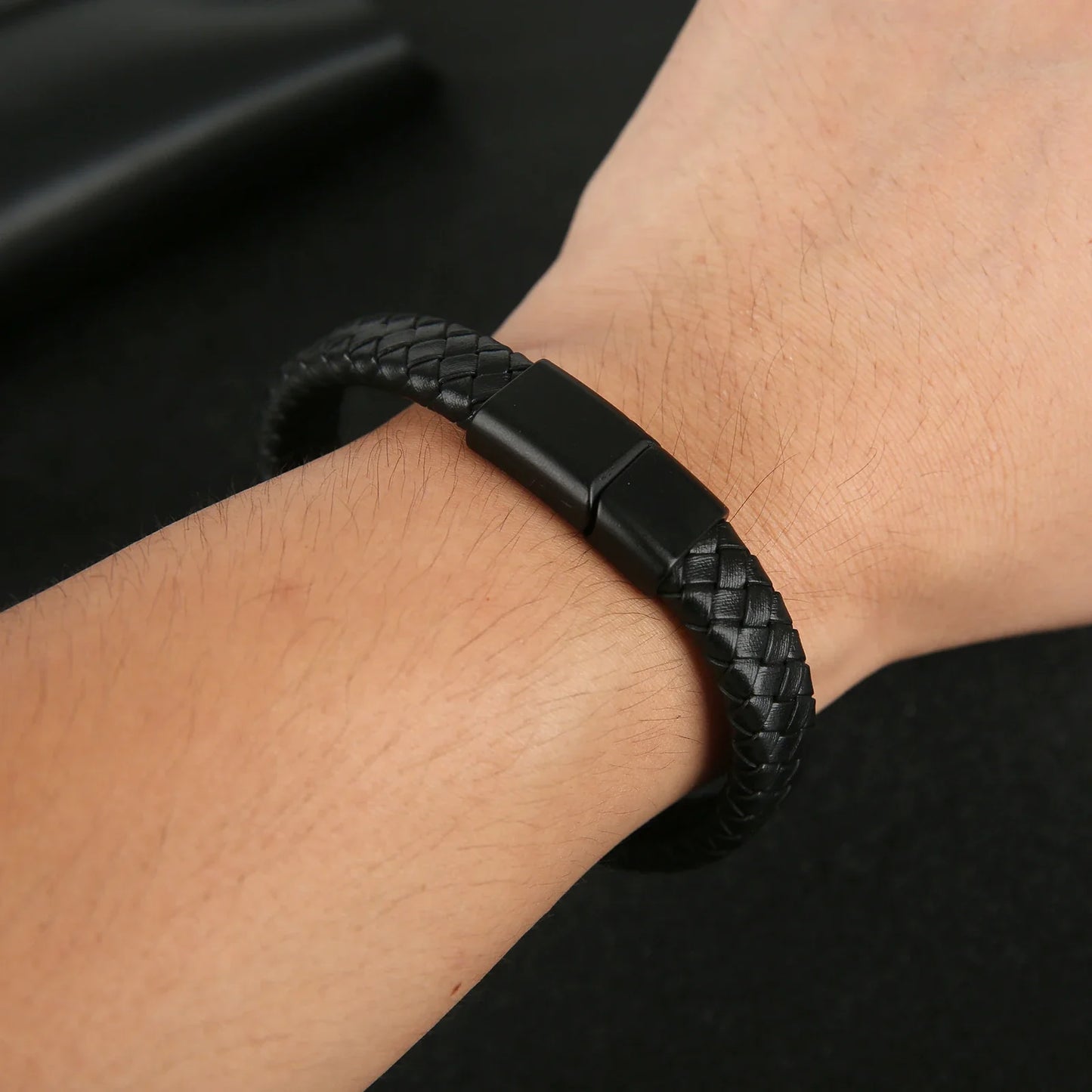 Stylish Black Leather Men's Bracelet